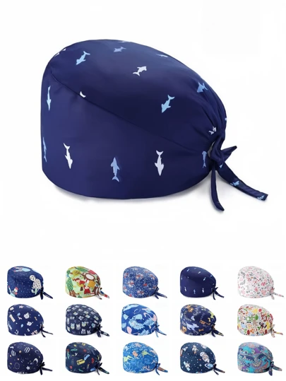 1 pieza Gorra de enfermera con estampado de paisaje y dibujos animados, hecha de poliéster, adecuada para médicos, enfermeras, salones de belleza, clínicas veterinarias, se puede usar en todas las estaciones para protección antibacteriana y contra el polvo