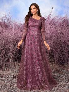 SUPGIR Abito da sera elegante con scollo a V, cielo stellato viola, in rete con ricami di paillettes, maniche lunghe, abito da ballo da cerimonia, adatto per invitati a matrimoni, lauree, cene - Viola rosso - Visualizzare 5