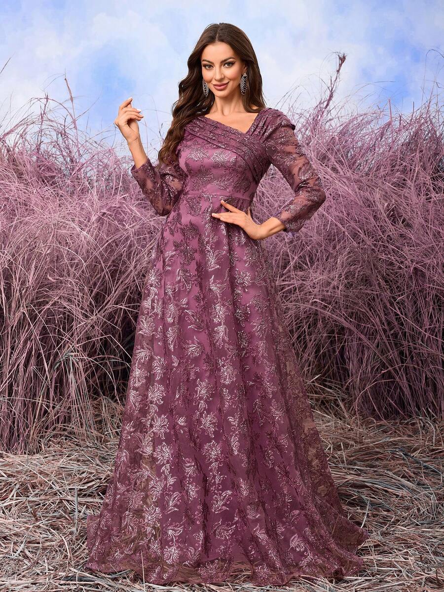 SUPGIR Abito da sera elegante con scollo a V, cielo stellato viola, in rete con ricami di paillettes, maniche lunghe, abito da ballo da cerimonia, adatto per invitati a matrimoni, lauree, cene - Viola rosso - Visualizzare 1
