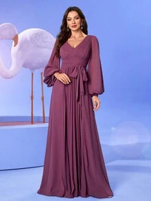 UNITHORSE Stylish V-Neck Chiffon Lantern Sleeve Ruffle Hem Tied Back Fitted A-Line Dress, Bridesmaid Dress - Red Violet - View 6