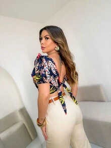 Cropped Blouses With Printed Padding NEW - Màu xanh hải quân - Xem 2