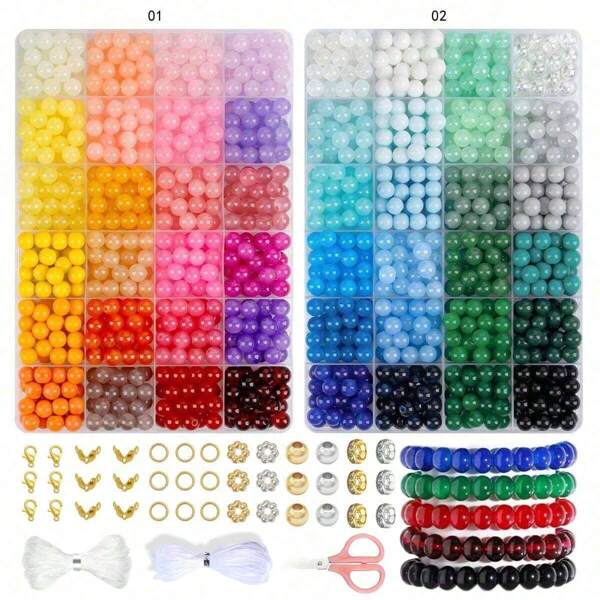 360 pièces/480 pièces/720 pièces/960 pièces Perles de verre multicolores de 8 mm, comprenant des ciseaux et un cordon élastique, convient pour les bracelets faits maison, colliers, artisanat et cadeaux