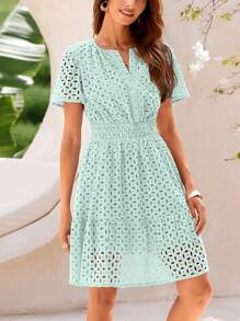 Women's Summer Skirt V-Neck Short Sleeve A-Line Hollow Lace Ruffled Cute Casual Dress - 淺綠色 - 查看 5