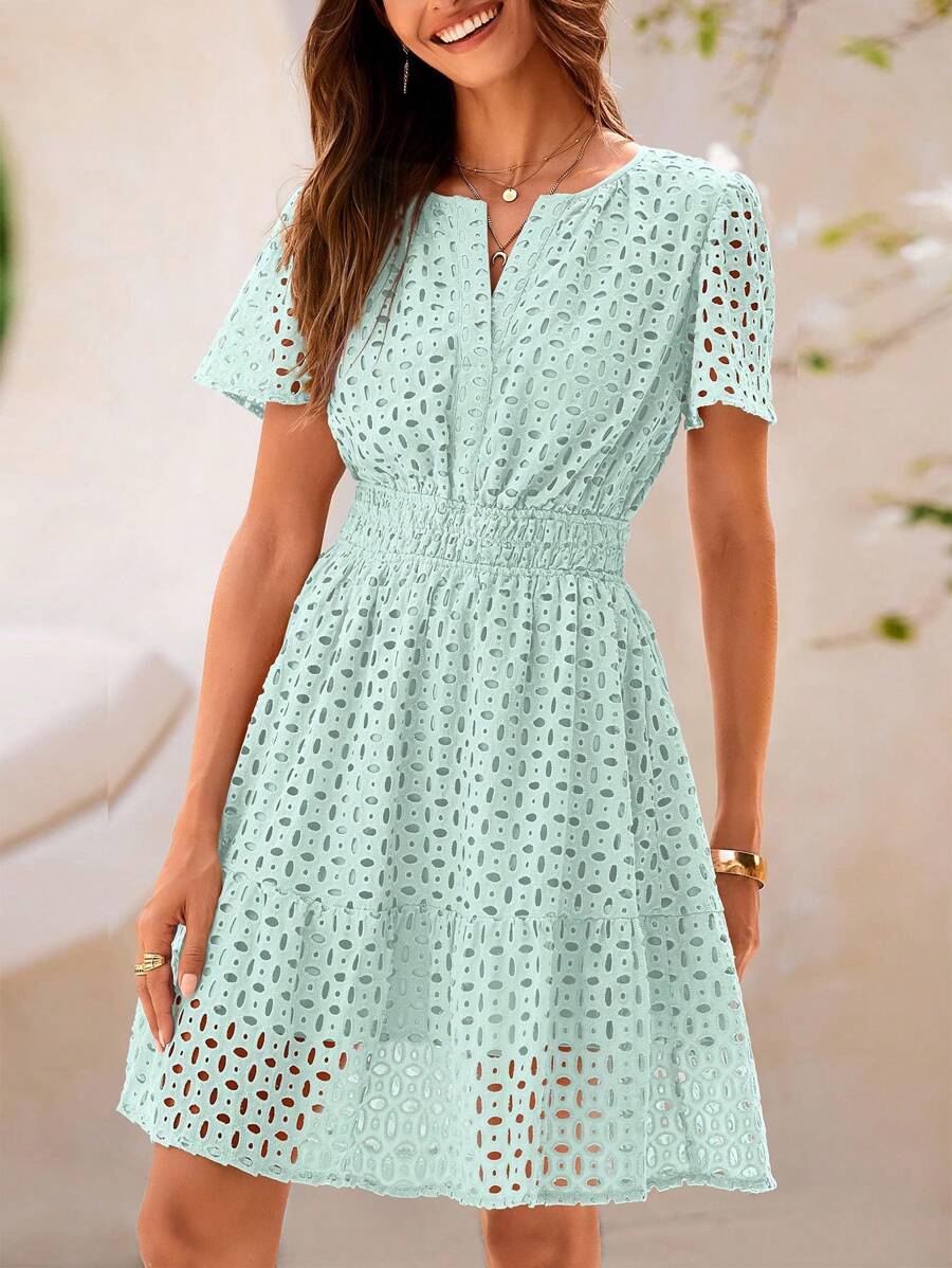 Women's Summer Skirt V-Neck Short Sleeve A-Line Hollow Lace Ruffled Cute Casual Dress - 淺綠色 - 查看 1