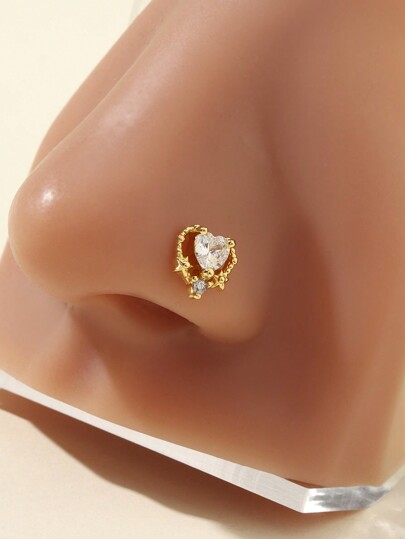 قطعة واحدة من خاتم الأنف المطعم بالرينستون من الفولاذ المقاوم للصدأ باللون الذهبي بشكل قلب، هدية عيد الحب، الأم، عيد الأم
