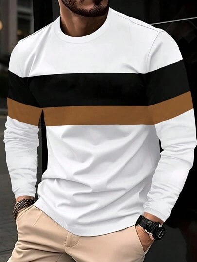 Men's Color Block Patchwork Long Sleeve Round Neck Simple Casual T-Shirt Tee, For Fall