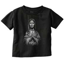 Camiseta de niño cristiana con gráficos espirituales, fe, adoración, Virgen María, manos en oración, Virgen de Guadalupe, rosas, casual, de algodón suave con estampado de manga corta y cuello redondo, ropa de bebé Brisco Brands - Negro - Ver 1