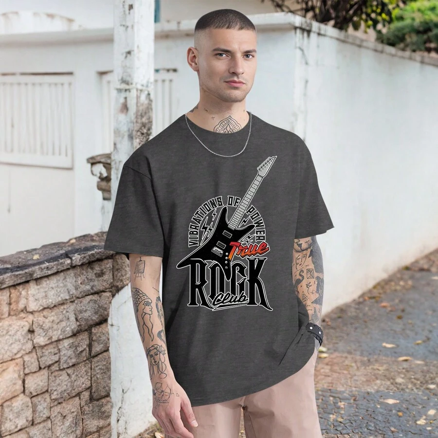 Casual True Rock Guitar T-Shirt Rocker Shirt Short Sleeve Round Neck 100% Cotton - Màu xám đen - Xem 1