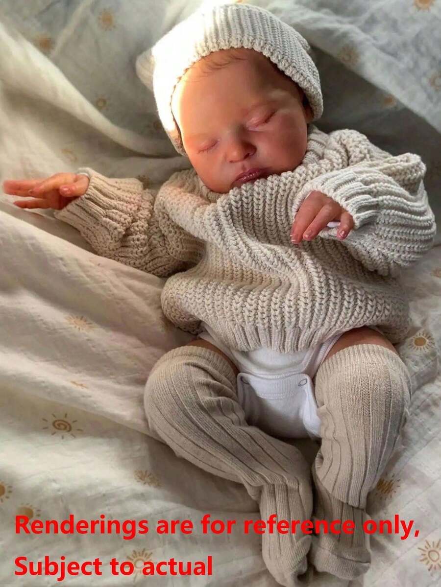 48 厘米逼真重生睡娃娃，手绘 3D 皮肤和血管，19 英寸活体柔软乙烯基新生婴儿可爱儿童睡前玩具（部分零件随机，包括奶嘴、奶瓶、尿布、帽子和衣服套装） - 駝色 - 查看 1