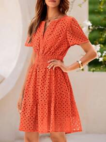 Women's Summer Skirt V-Neck Short Sleeve A-Line Hollow Lace Ruffled Cute Casual Dress - 橘色 - 查看 6