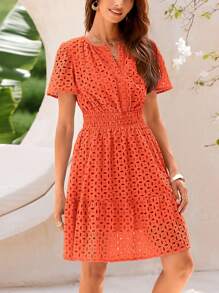 Women's Summer Skirt V-Neck Short Sleeve A-Line Hollow Lace Ruffled Cute Casual Dress - 橘色 - 查看 5