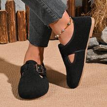 女士时尚户外休闲绒面金属装饰圆头软底平底鞋 - 黑色 - 查看 6