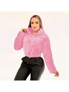 Short-Waisted Plush Bolero Jacket With Waist Adjustment - Pink - View 3