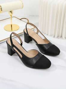 2024 年新款女士经典拼色露趾法式粗跟踝带凉鞋，大码，真皮中跟高跟鞋，时尚复古优雅低帮鞋 - 黑色 - 查看 11