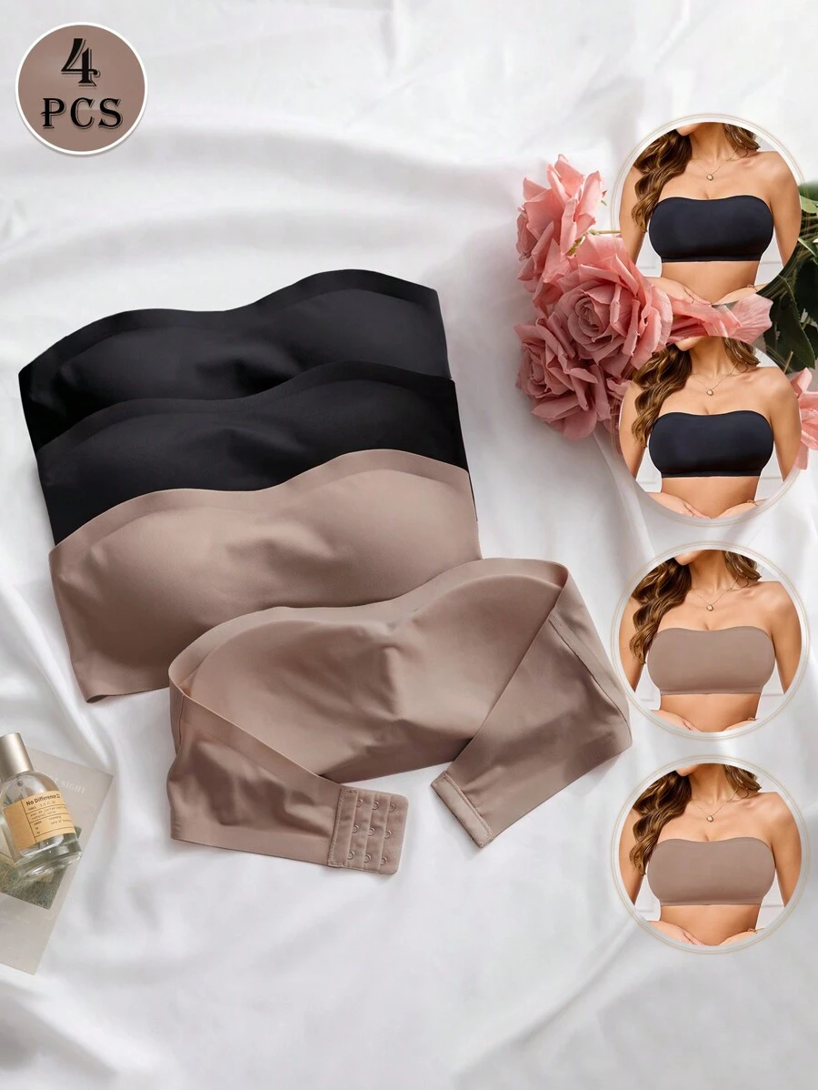 4pcs/Set Women Backless Strapless Bras, Seamless Tube Tops Comfort Lingerie - Multicolor - View 1