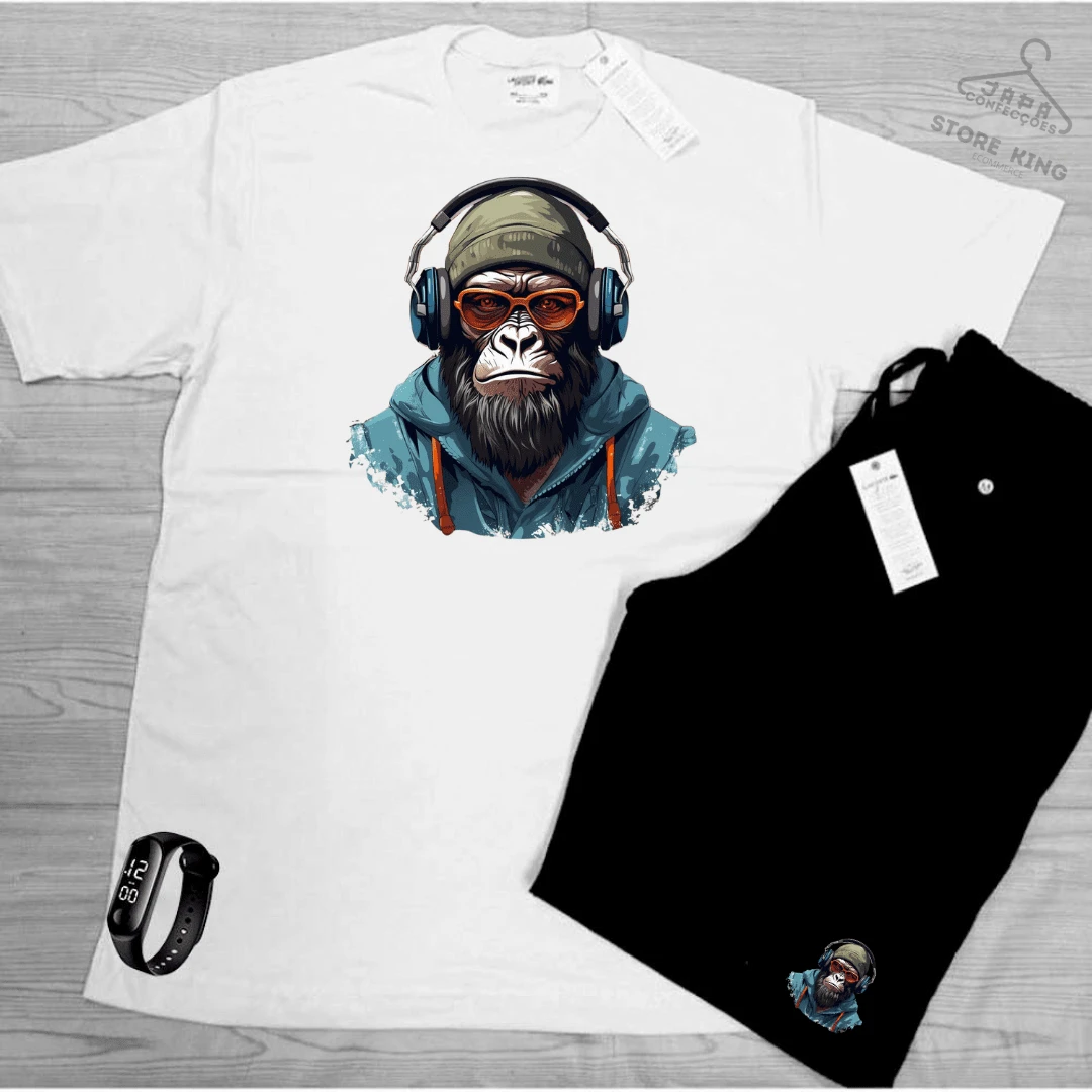 Cotton T-Shirt And Shorts Set Tactel Monkey Headphone - trắng - Xem 1