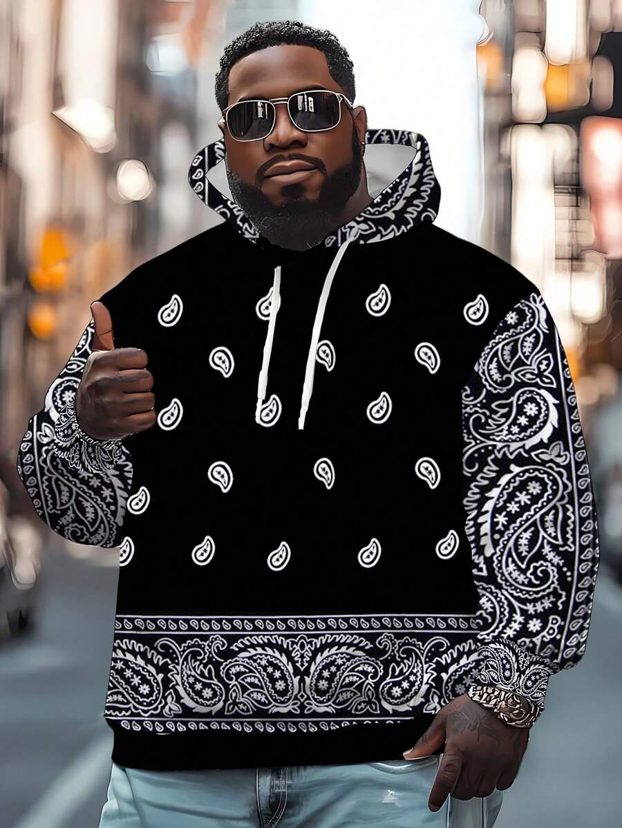 Plus Size Men 3D Paisley Floral Print Hoodie Sweatshirt - Black - View 1