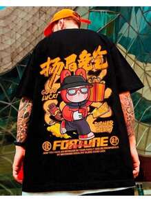 Men's Basic T-Shirt 100% Cotton Lucky Cat - Black - View 1