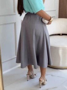 Women's Tailored Midi Skirt Evase Sensorial With Elegant Pocket - 灰色 - 查看 2