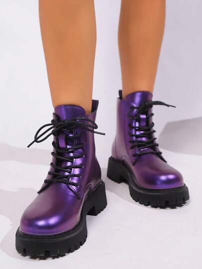 Mid-Heel Women Boots, Round Toe Color-Changing Leather Ankle Boots - Lightweight Soft Bottom Casual Short Boots, Soft Comfortable Women Shoes, Chunky Heel Lace-Up Stylish Boots