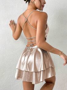1 Peça Vestido Elegante Pregueado com Amarração na Cintura, Decote nas Costas, em Linho Colorido Sexy, Adequado para Bares, Festas e Uso Doméstico, Item de Alta Transfronteiriça Europa-América