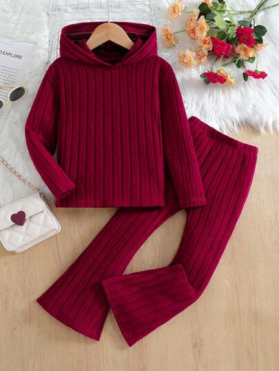 2pcs Young Girl Fashion Cute Ribbed Stretchy Soft Hooded Long Sleeve Pullover Tops + Flared Pants Set, Suitable For Autumn/Winter Sports And Home Wear, Christmas Gift
