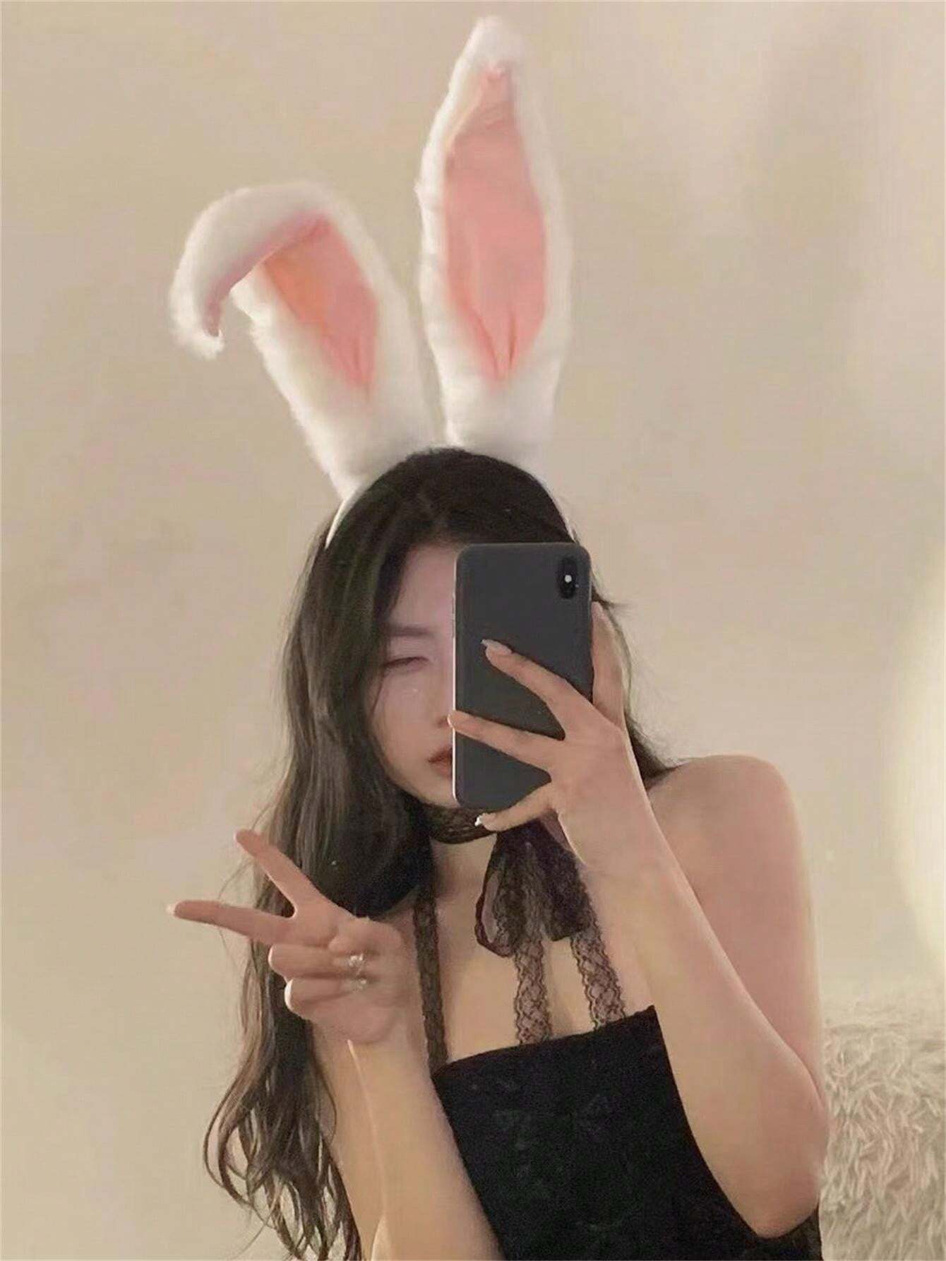 1pc Women Plush Rabbit Ear Decor Fur Costume Headband, Elegant Boho