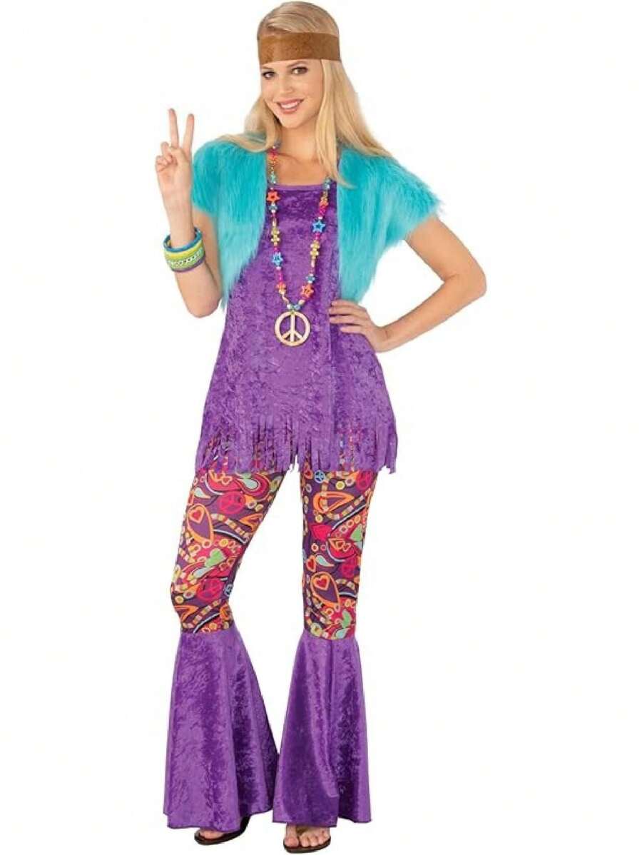 I LOVE FANCY DRESS Ladies Groovy Hippie Costume Flower Power 5pc Outfit Top, Furry Jacket, Purple Flares, Peace Necklace, Beads And Headscarf Floral Pattern Five Piece Set 60s 70s Fancy Dress - Blue/Purple - View 1