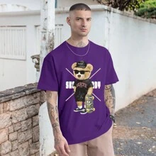 Skater Bear Casual T-Shirt Oversized Bear Skate Shirt HD Graphic Print 100% Cotton - 紫色 - 查看 1
