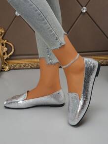 Încălțăminte plat cu vârf pătrat de primăvară/toamnă, pantofi cu slip-on cu vârf pătrat, pantofi casual de modă în aer liber, pantofi versatili pentru femei, cu vamp joasă, mărimea 35-43, potriviti cu rochie, imprimeu de crocodil argintiu