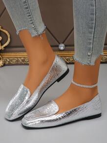 Încălțăminte plat cu vârf pătrat de primăvară/toamnă, pantofi cu slip-on cu vârf pătrat, pantofi casual de modă în aer liber, pantofi versatili pentru femei, cu vamp joasă, mărimea 35-43, potriviti cu rochie, imprimeu de crocodil argintiu