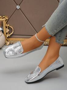 Încălțăminte plat cu vârf pătrat de primăvară/toamnă, pantofi cu slip-on cu vârf pătrat, pantofi casual de modă în aer liber, pantofi versatili pentru femei, cu vamp joasă, mărimea 35-43, potriviti cu rochie, imprimeu de crocodil argintiu