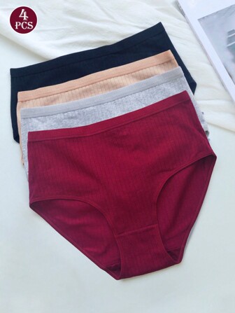 4 件套女士高腰纯色三角裤，高弹力柔软透气日常内裤
