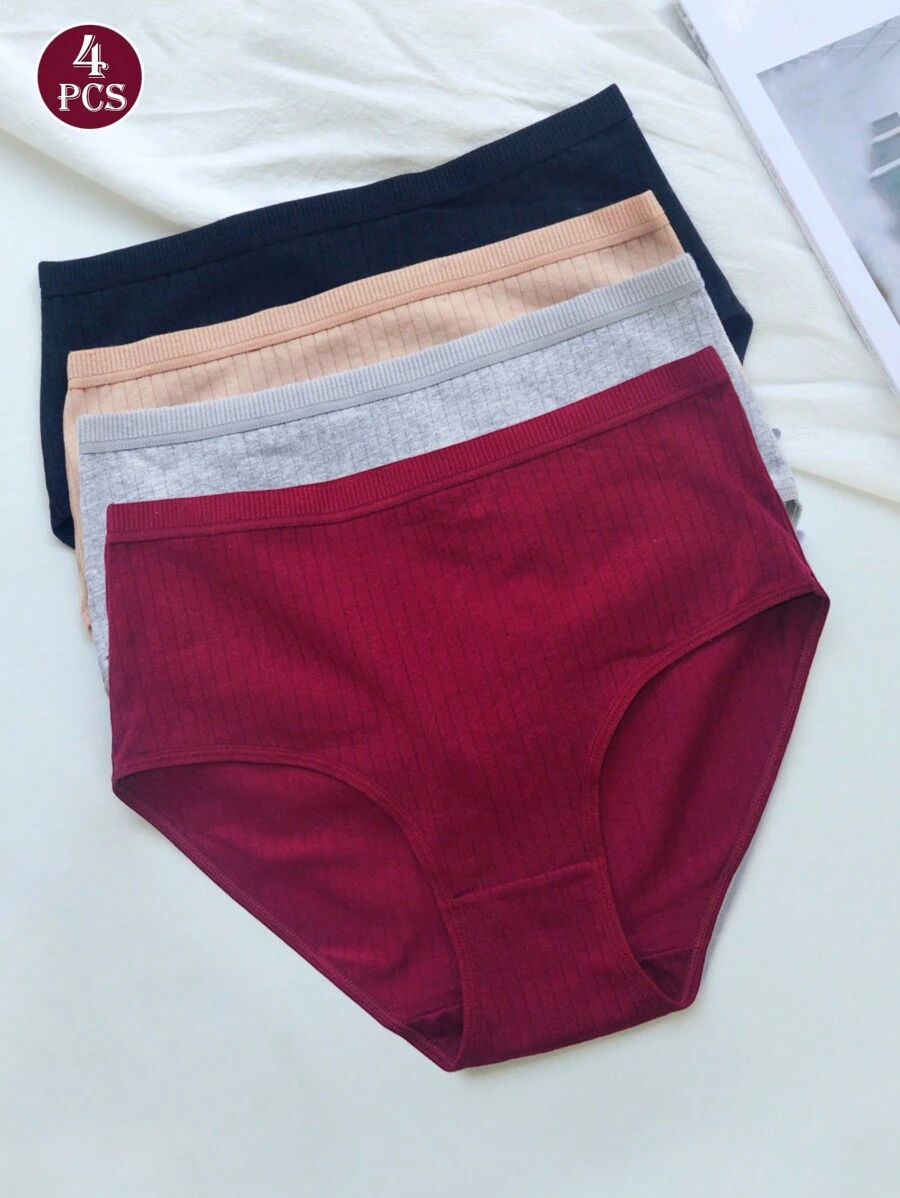 4 件套女士高腰纯色三角裤，高弹力柔软透气日常内裤