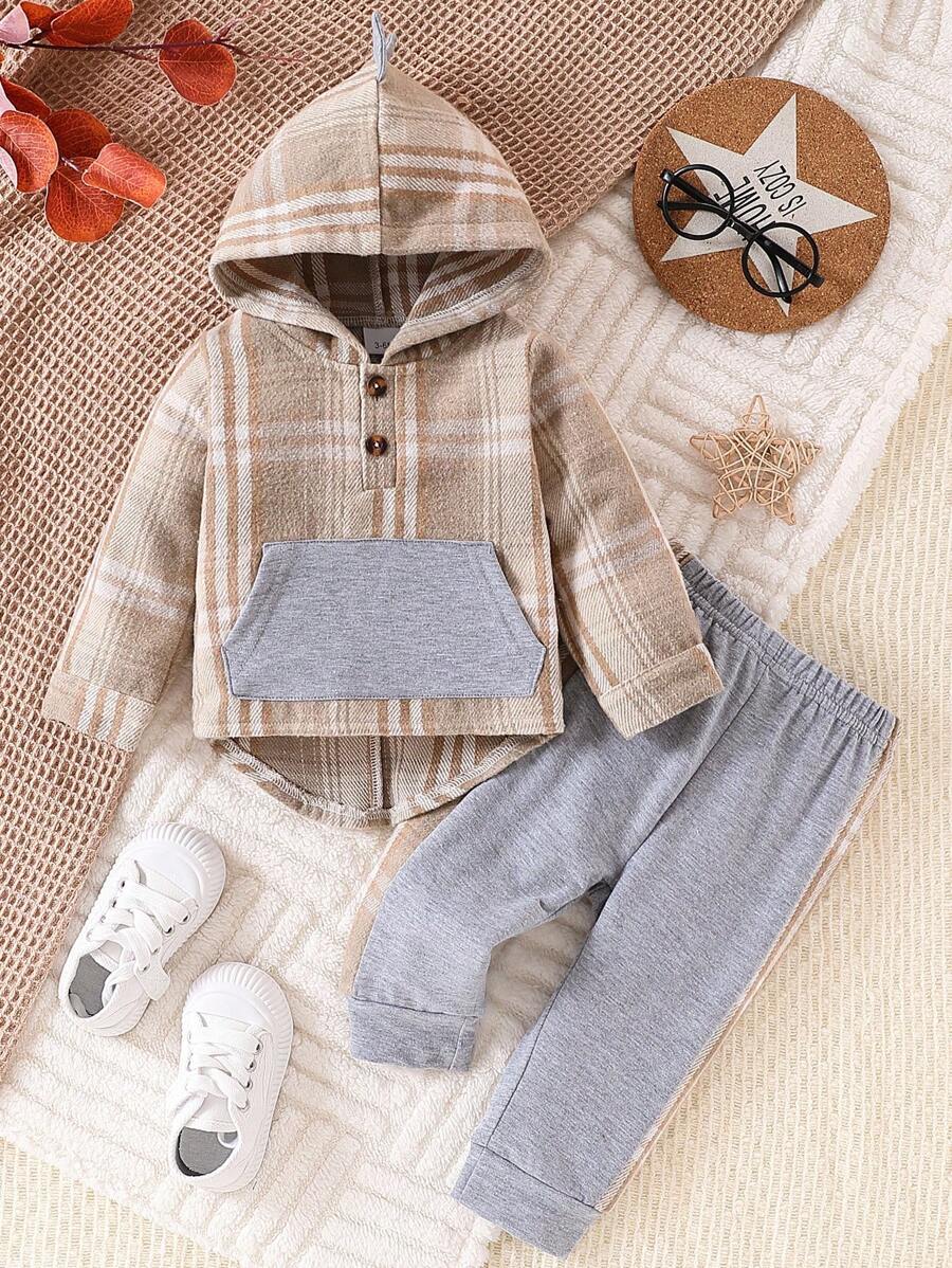 2pcs Baby Boy Brushed Plaid Hoodie Shirt + Long Pants Set - Grey - View 1