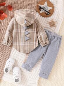 2pcs Baby Boy Brushed Plaid Hoodie Shirt + Long Pants Set - Grey - View 2