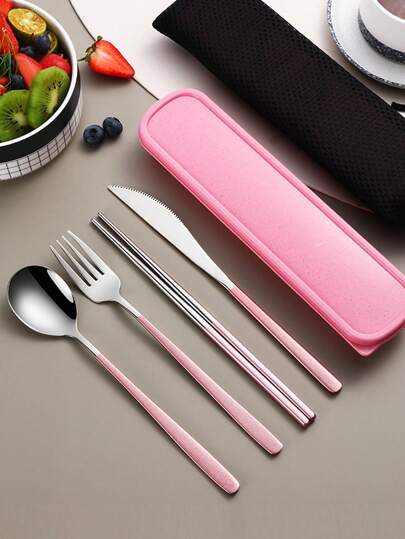 2/3/4件套不锈钢便携式餐具套装，旅行用具，可重复使用的露营餐具套装带盒，包括叉子、勺子、筷子和盒子，适用于西餐、厨房、午餐盒、办公室、野餐、日常用餐、圣诞节，各种组合可用作圣诞礼物