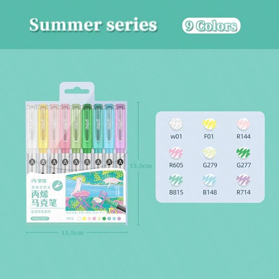 9 Color Set Of 36pcs WaterBased Soft Tip Acrylic Markers With Simple