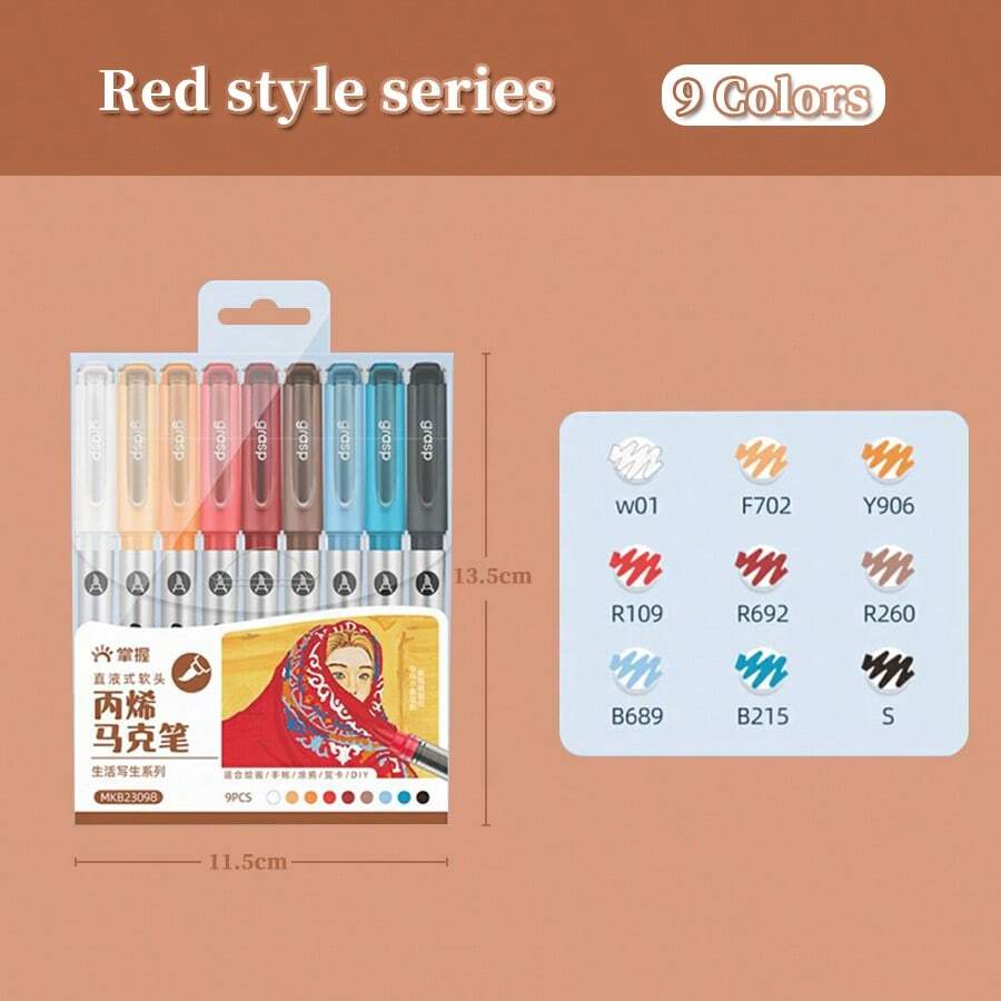 9 Color Set Of 36pcs WaterBased Soft Tip Acrylic Markers With Simple