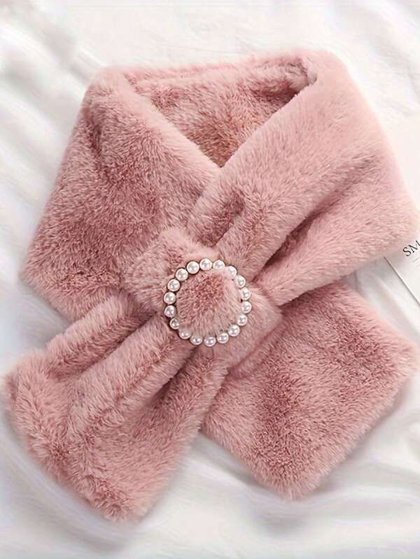 1pc Women's Scarf Neck Warmer, Solid Color Fluffy And Faux Pearl Soft And Comfortable, Casual Polyester Autumn/Winter