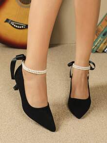 Giày cao gót mũi nhọn màu đen cho nữ có trang trí nơ ngọc trai giả, giày cao gót mỏng dự tiệc sang trọng và thoải mái - màu đen - Xem 3