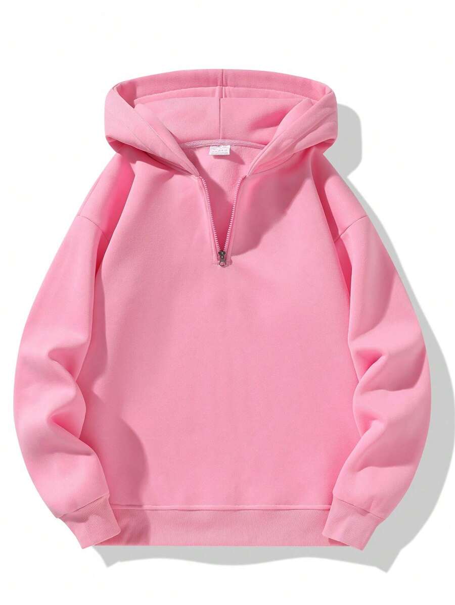 1pc Men's Solid Color Half Zip Up Hooded Sweatshirt, Couple Design Fleeced Sweatshirt