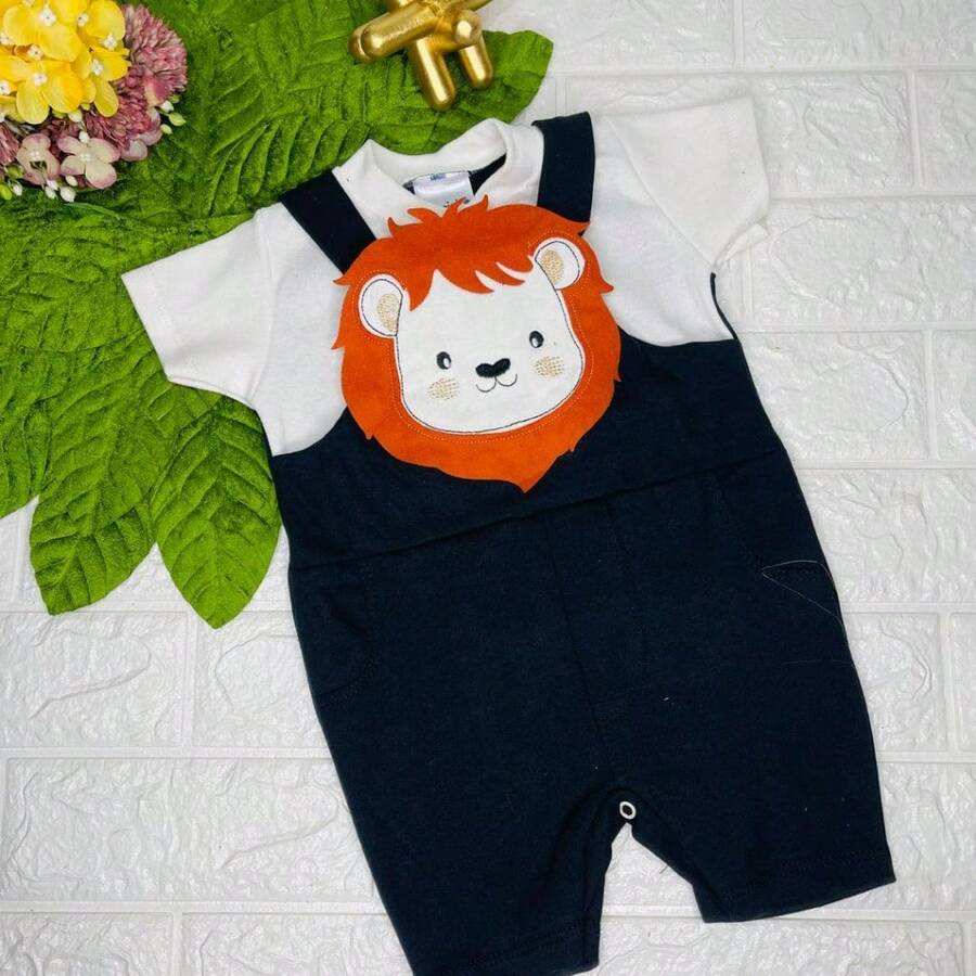 Little Lion Embroidered Dungarees Romper - Baby Boy T-Shirt - 黑色 - 查看 1