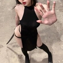 【连衣裙+紧身裤】新款派对纯色无袖镂空侧开衩高腰修身连体裤，欧美风万圣节派对连衣裙