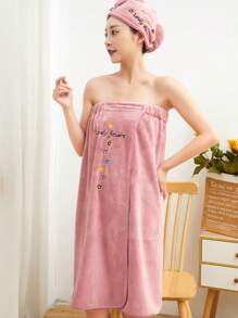 2pcs Women Letter & Floral Embroidery Pink Robe With Matching Bathrobe Caps, Suitable For Homewear Summer Wedding Home Bathroom Decor Back To School - Bean Paste Embroidered Bath Skirt and Shower Cap Two-piece Set - View 2