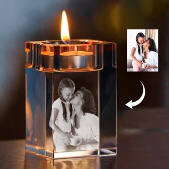 Customized European Romantic And Elegant Candle Holder With 2D Laser Engraved Text, Photo And Artificial Crystal Square Candlestick, Suitable For Centerpiece, Wedding, Anniversary, Party And Holiday Decoration, Valentine's Day, Valentine's Day Decor Exquisite,Vintage Custom,Personalized,Unique Ideal Gifts For Her Boyfriend,Girlfriend,Dad,Mom,Family,Friends Home,Living Room Birthday Graduation,Festive Calendar