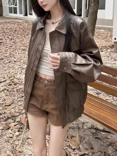 2024女装秋季新款美式流行风格皮夹克