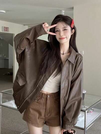 2024女装秋季新款美式流行风格皮夹克