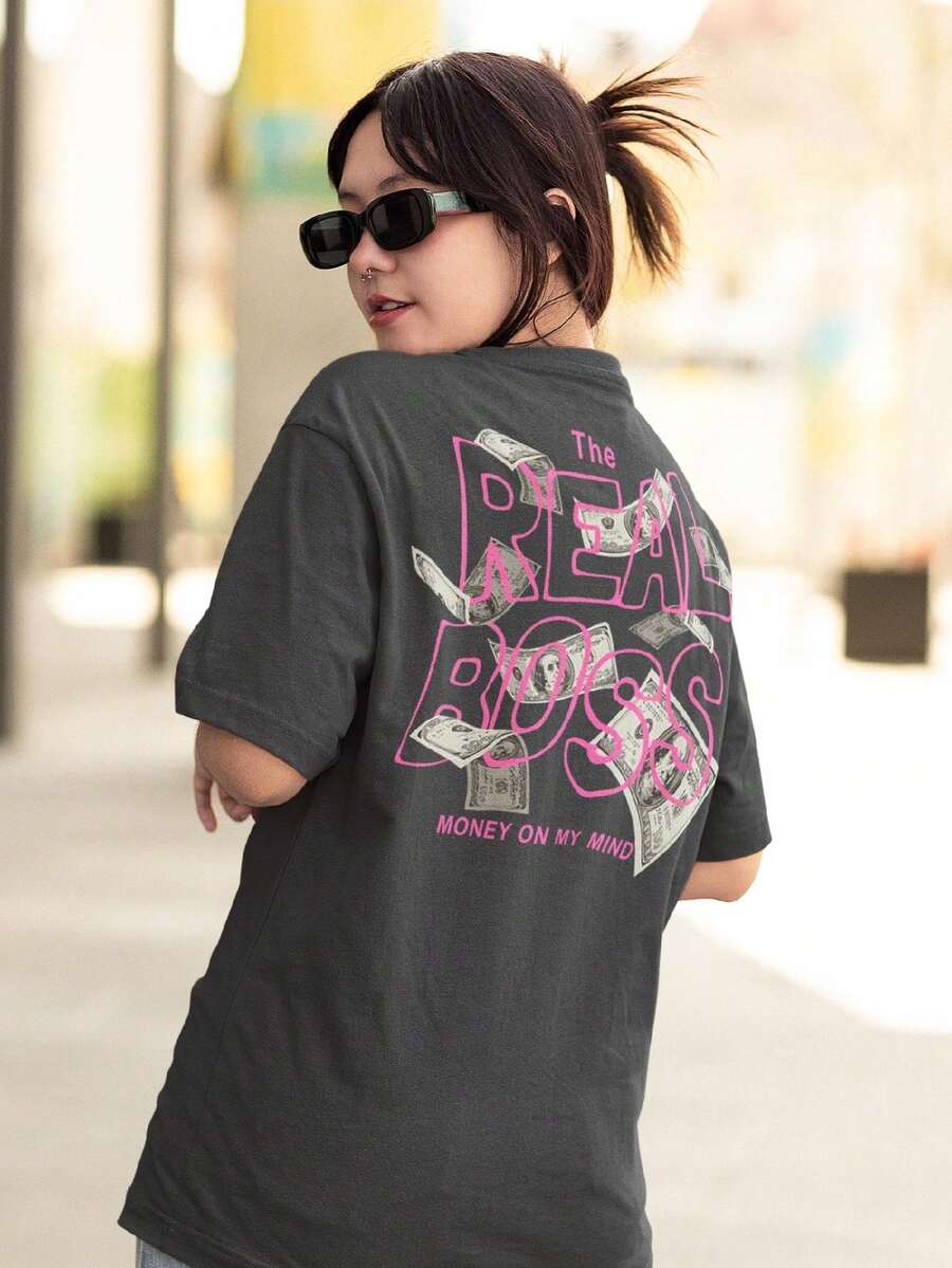 Women's Oversized T-Shirt 100% Premium Cotton Real Boss Streetwear Shirt - 深灰色 - 查看 1