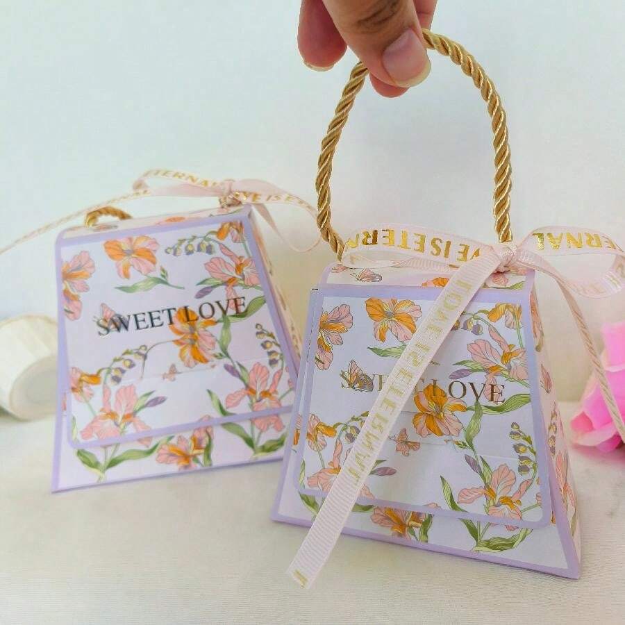 Hộp quà tặng kẹo cưới mới có tay cầm, hộp quà sáng tạo cho lễ đính hôn, hộp quà giấy - Màu tím hoa cà - Xem 1